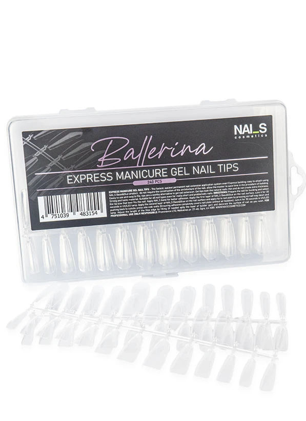 Express gel tips for nail extensions – 240 pcs.Gel nail extensions have never been so easy!Advantages of gel tips:• Express extension in seconds – tips easily attach to the natural nail using NAILS Cosmetics Base&Glue.• Significantly saves time for nail technicians.• Very easy and comfortable filing.• Perfect natural-looking nails.• Durable and flexible material.• Suitable for both natural and very short or problematic nails.Available shapes:• Ballerina• StilettoIf you want to see the applicatio...