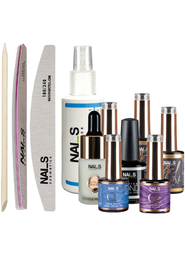 The gel polish application kit includes:Wipe Off Solution 3in1 (100 ml)Brilliant Bond acid-free primer (15 ml)3 gel polish shades of your choice (Gel Polish UV/LED)Quick Builder CLEAR UV/LED base/gel, 8 mlQuick Crystal Shine Top UV/LED no-wipe (8 ml)Cuticle remover with pipette (15 ml)Wooden sticks (10 pcs)Nail file / buffer 180/240Not included in the kit:UV/LED lampLint-free wipesA UV/LED lamp is required to cure (polymerize) the products.After receiving your order, we will contact you to confi...