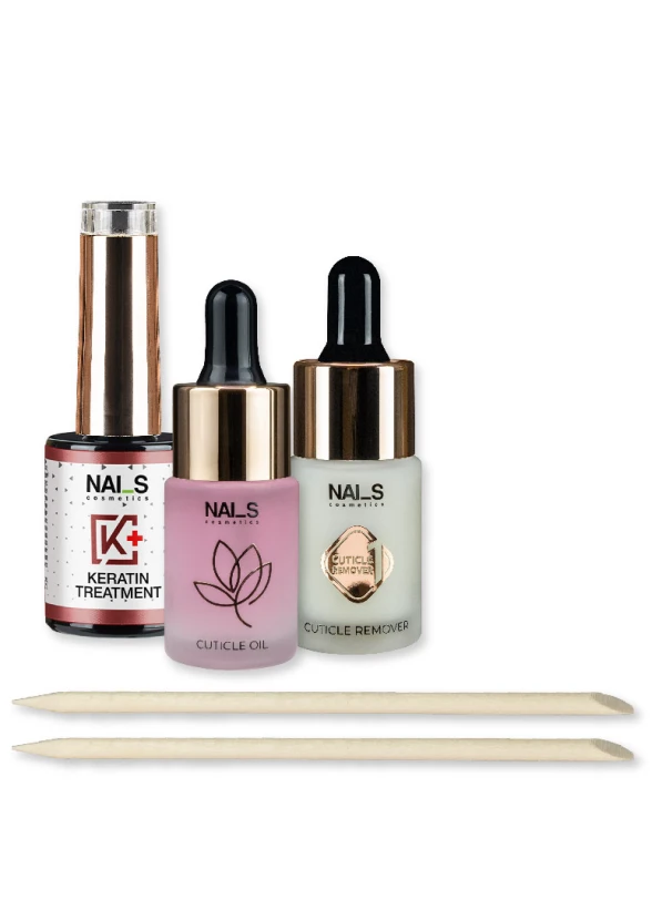 Set includes: carefully selected products for complete nail and cuticle care, helping to restore damaged nails and maintain a well-groomed appearance.• Keratin treatment for damaged nail repair — 14 ml• Cuticle remover with pipette — 15 ml• Cuticle oil (Rose) — 15 ml• Wooden sticks — 10 pcs....