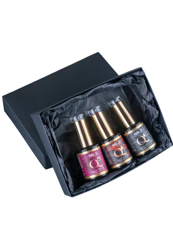   Highly Pigmented Gel Polishes      Discover NAILS Cosmetics “Quick” series of highly pigmented gel polishes,     available in three iconic shades:              Quick French White Line – a pure white shade, perfect       for creating a striking French manicure or covering the entire nail              Quick Classic Red – a classic red shade that adds       elegance and femininity to any manicure              Quick Intensive Black – a deep black shade that provides       intense and fully opaque ...