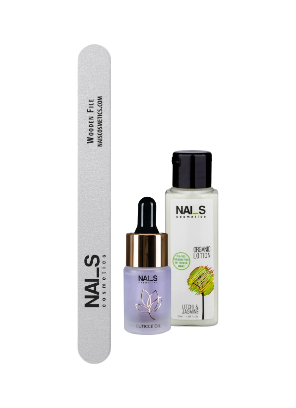 Set includes: hand and nail care products that provide hydration, nourishment, and a well-groomed appearance.• Organic Lotion Litchi &amp; Jasmine — 50 ml• Blueberry cuticle oil — 15 ml• Wooden nail file — 180/240 grit...
