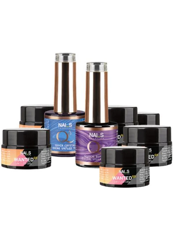 The Wanted gel starter kit includes:&nbsp;- Quick Builder CLEAR UV/LED base/gel, 8 ml; - Quick Crystal Shine UV/LED no-wipe top, 8 ml; - 6 WANTED Q5 UV/LED Builder Gels, 5 ml: - Mood, - Nude Sparkle, - Pastel Porcelan, - Caramel, - Milky Way, - Bubble Gum.The Wanted gel NEW COLLECTION kit includes:&nbsp;WANTED Q5 UV/LED Builder Gels, 5 ml: Seashell, Elegant Frost, Rose Water, Cherry Blossom...