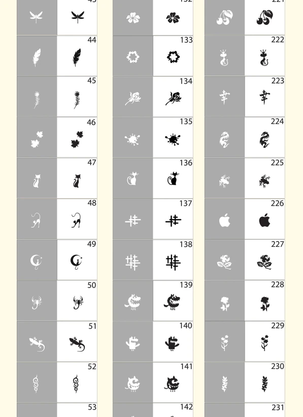 Nail art stencils for creating precise and refined designs.They allow easy creation of symmetrical patterns, floral motifs and decorative elements, ensuring a clean and professional result.Suitable for use with airbrush paints, stamping polishes and color gels. When used with gel polish, it is recommended to apply it in a very thin layer and remove the stencil before polymerization.Depending on the design series, the number of figures and elements on one stencil may vary.Suitable for both profes...