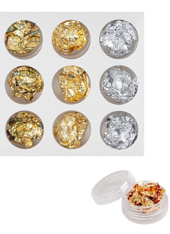 Decorative foil fragments set for nail design. A mix of various colors and shades — gold, silver, bronze, and multicolor effects. Ideal for decorating both gel and regular manicures, creating sparkling and unique designs....