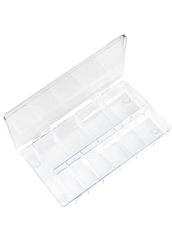 Transperant plastic storage box for design materials with 11 compartments of different sizes. Box dimensions: 19.2cm x 11cm x 3.2cm...